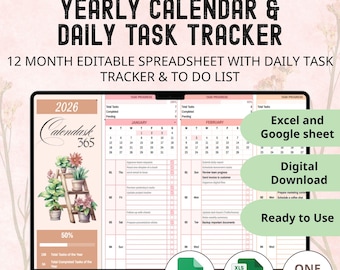 Editable Yearly Calendar: Google Sheets & Excel Daily Task Tracker (Digital Download)