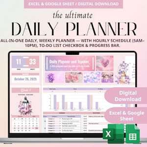 Puede incluir: Un planificador diario digital en la pantalla de una computadora portátil. Incluye un calendario, una lista de tareas y un horario por horas de 5 a 22 horas. El diseño es pastel con acentos florales. El texto dice "DAILY PLANNER".