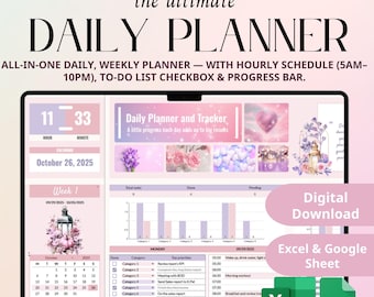 May include: A digital daily planner displayed on a laptop screen. The planner includes a calendar, to-do list, and hourly schedule from 5 AM to 10 PM. The design is pastel with floral accents, and the text reads "DAILY PLANNER".