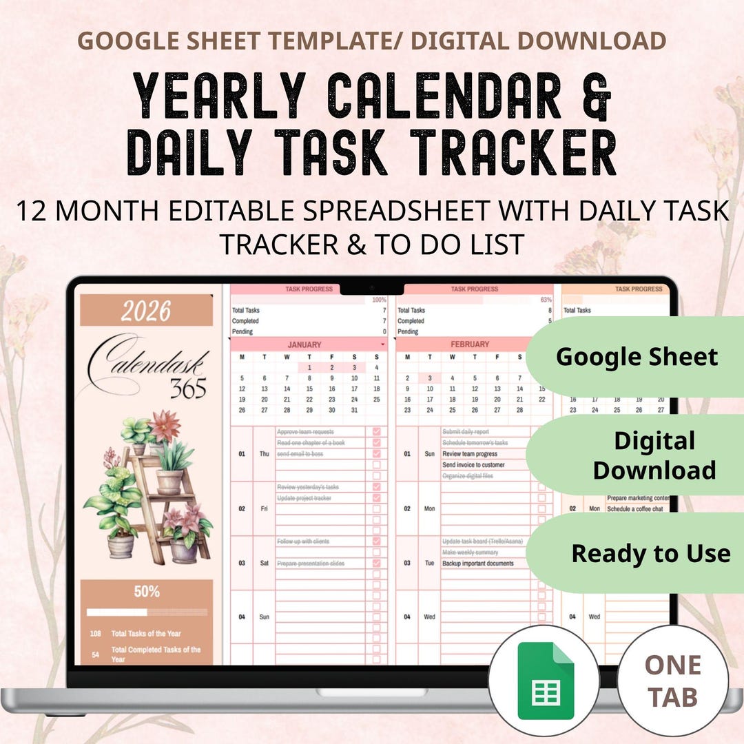 Google Sheet Editable Yearly Calendar With Daily Task Tracker (digital ...