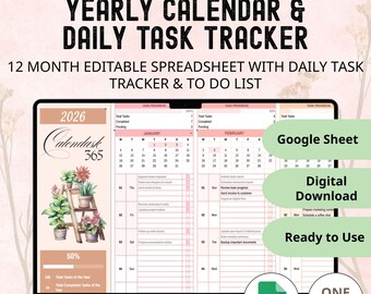 Google Sheet Editable Yearly Calendar with Daily Task Tracker (Digital Download)