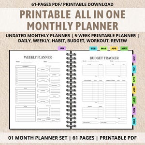 May include: A black and white monthly planner with a spiral binding. The planner includes sections for weekly planning, budget tracking, and habit tracking. Text on the cover reads "PRINTABLE ALL IN ONE MONTHLY PLANNER". The planner is designed for digital download.