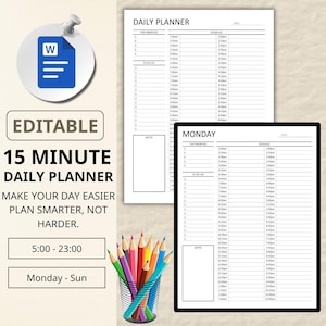 Może przedstawiać: Czarno-biały 15-minutowy planer dzienny z tekstem "EDITABLE 15 MINUTE DAILY PLANNER". Planer zawiera sekcje dla najważniejszych priorytetów, list rzeczy do zrobienia i harmonogramu. Wizerunek zawiera również pojemnik na ołówki z kolorowymi ołówkami.