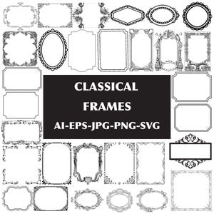 Op de afbeelding: Een verzameling zwart-witte klassieke frames in verschillende vormen en stijlen. De afbeelding bevat rechthoekige, ovale en sierlijke ontwerpen, met de tekst "CLASSICAL FRAMES" en bestandstype-opties: AI-EPS-JPG-PNG-SVG.