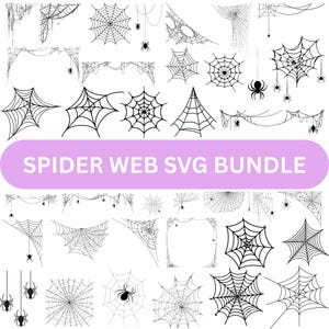 Pode incluir: Uma coleção de designs de teias de aranha em preto e branco, incluindo várias formas e tamanhos, com aranhas penduradas em algumas teias. O texto "SPIDER WEB SVG BUNDLE" é exibido em um fundo lilás claro.
