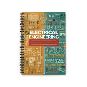 Può includere: Quaderno a spirale con una copertina con la scritta "ELECTRICAL ENGINEERING" in bianco e arancione. Il design include diagrammi, una lampadina e altri elementi tecnici in verde acqua e arancione.
