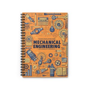 Könnte beinhalten: Ein spiralgebundenes Notizbuch mit einem Einband, der eine detaillierte Illustration von Maschinenbaukomponenten in Orange und Blau zeigt. Der Text "MECHANICAL ENGINEERING" ist prominent dargestellt, zusammen mit anderen Fachbegriffen und Diagrammen.