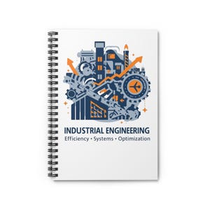 Op de afbeelding: Witte spiraalgebonden notitieboek met een blauw en oranje afbeelding van een fabriek of industrieel complex. De tekst "INDUSTRIAL ENGINEERING" staat eronder, met de woorden "Efficiency • Systems • Optimization."