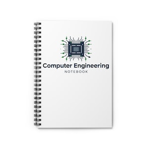 Könnte beinhalten: Ein weißes Notizbuch mit Spiralbindung und dem Text "Computer Engineering NOTEBOOK" in Dunkelblau. Das Cover zeigt eine dunkelblaue und grüne Computerchip-Grafik.
