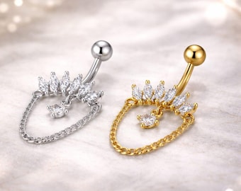クラウンチェーンダングルベリーリング（CZクリスタル付き）、ロイヤルへそピアスジュエリー