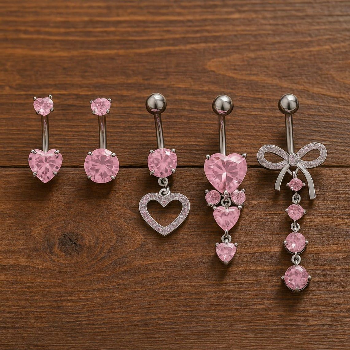 Pink Crystal Heart Belly Button Ring Set: Stainless Steel Navel Jewelry ...
