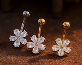 Navelpiercing met bloemenkristallen – goud, roségoud, zilveren bloem navelpiercing – sierlijke sieraden