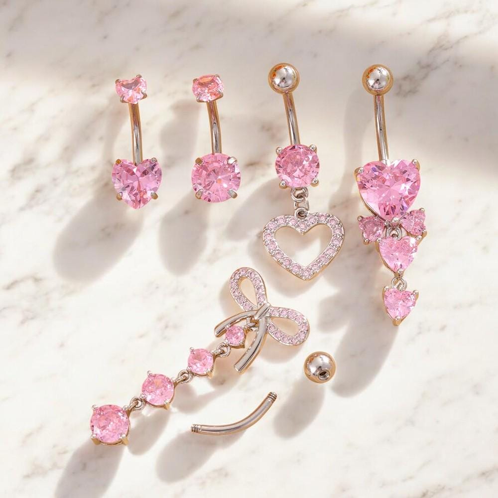 Pink Crystal Heart Belly Button Ring Set: Stainless Steel Navel Jewelry ...