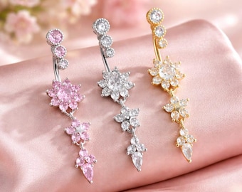 Bague pendante de ventre fleur CZ - Piercing nombril en argent et or rose, bijoux de corps scintillants élégants