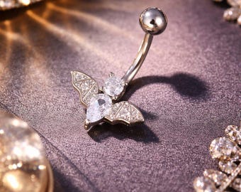 Crystal Bat Belly Ring: Gothic Surgical Steel Navel Piercing