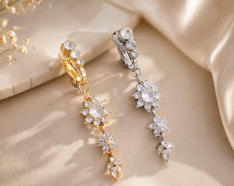 Bridal CZ Flower Belly Ring – Gold Silver Dangle Navel Jewelry