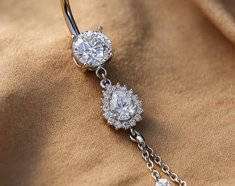 Piercing de ombligo de lujo con cristales de circonita redondos y en forma de lágrima: elegante joya para piercing de ombligo