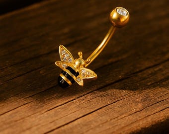Gold Bee Belly Button Ring | Crystal Wing Navel Piercing