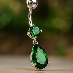 Emerald Green Belly Ring Dangle, Teardrop Gem Navel Piercing Jewelry, Gift for Women