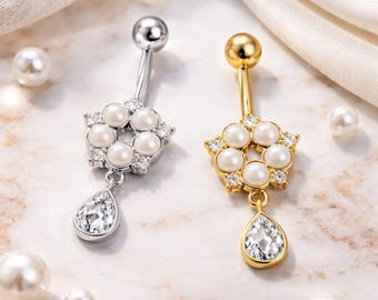 Pearl Flower Belly Ring with CZ Dangle, Elegant Navel Piercing Jewelry