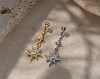 Star Dangle Belly Ring with CZ Crystals, Celestial Navel Piercing Jewelry