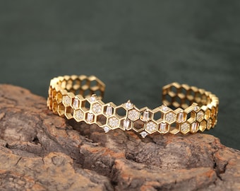 18K Gold Honeycomb Open Cuff Bracelet with Diamond, Luxury sterling silver Bangle, Elegant Gift for Her