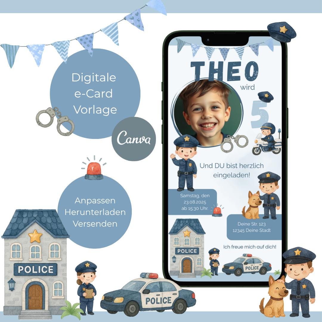 12 Biglietti D'Invito Per Compleanno Bambini, Tema Poliziotto/Detective, Formato A6, Colorati