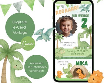 Personalisierte Einladung zum Kindergeburtstag, Digitale Einladung mit Foto, Vorlage Canva Kindergeburtstag, e-Card Einladung, Dino