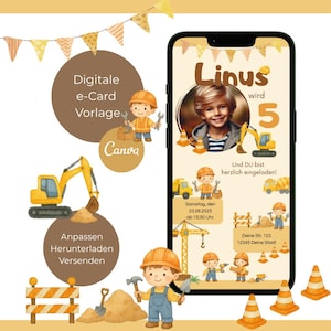 Invito personalizzato (e-card) per la festa di compleanno di un bambino con foto come modello Canva - cantiere in arancione, giallo, marrone