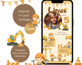 Personalisierte Einladung (e-Card) zum Kindergeburtstag mit Foto als Canva-Vorlage - Baustelle in orange, gelb, braun