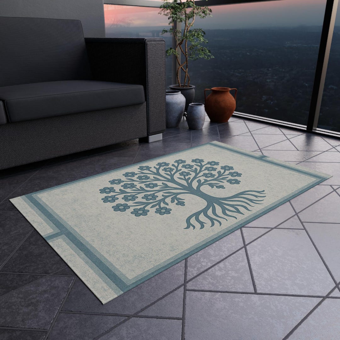 2d Rug Rendered Tree of Life Rug 2D Retro Turkish Motif Carpet Cool Blue Gray Silver ...