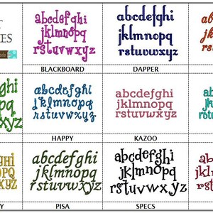 K&ouml;nnte beinhalten: Ein Raster mit verschiedenen Schriftarten, darunter Blackboard, Dapper und Diary. Jede Schriftart wird mit dem Kleinbuchstaben-Alphabet angezeigt. Das Bild enth&auml;lt auch den Text "FONT CHOICES" und das Logo von Rebecca's Threads.