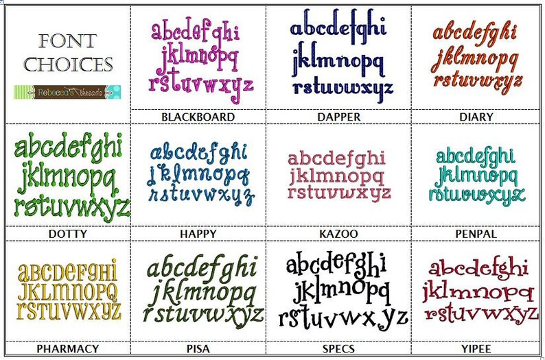 K&ouml;nnte beinhalten: Ein Raster mit verschiedenen Schriftarten, darunter Blackboard, Dapper und Diary. Jede Schriftart wird mit dem Kleinbuchstaben-Alphabet angezeigt. Das Bild enth&auml;lt auch den Text "FONT CHOICES" und das Logo von Rebecca's Threads.