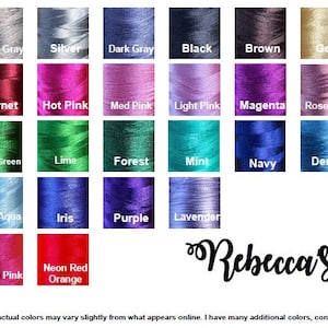 May include: A chart of thread colors for embroidery. The chart includes 36 different colors, including white, cream, matte gray, silver, dark gray, black, brown, gold, red, coral, garnet, hot pink, medium pink, light pink, magenta, rose gold, orange, yellow, yellow gold, kelly green, lime, forest, mint, navy, denim, royal, light blue, aqua, teal, light aqua, iris, purple, lavender, neon yellow, neon green, neon pink, and neon red orange.