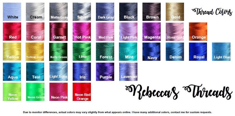 May include: A chart of thread colors for embroidery. The chart includes 36 different colors, including white, cream, matte gray, silver, dark gray, black, brown, gold, red, coral, garnet, hot pink, medium pink, light pink, magenta, rose gold, orange, yellow, yellow gold, kelly green, lime, forest, mint, navy, denim, royal, light blue, aqua, teal, light aqua, iris, purple, lavender, neon yellow, neon green, neon pink, and neon red orange.