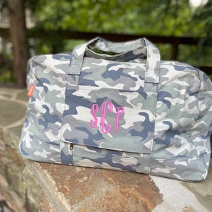 Monogrammed Camo Duffle Bag, Camo Weekender Bag for Women, Personalized Camo Overnight Bag, Camouflage Duffle,  Modern Camo Weekender Bag