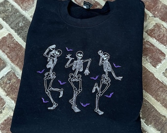 Dancing Skeletons Adult Sweatshirt, Halloween Sweatshirt, Embroidered Skeleton Sweatshirt, Skeleton Hoodie