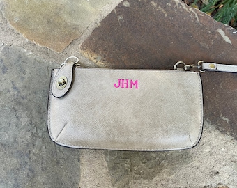 Vegan Monogram Wristlet Clutch Wallet, Embroidered Personalized Crossbody Purse for Women, adjustable strap, Joy Susan Brand Bag