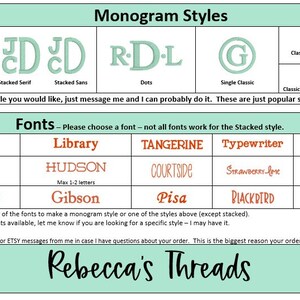 May include: A chart with a light green background and white text lists different monogram styles and fonts. The styles include linear with vertical, stacked serif, stacked sans, dots, single classic, classic male, and classic female. The fonts include Kazoo, Finn, Pipe Dream, Library, Hudson, Gibson, Tangerine, Courtside, Typewriter, Strawberry Love, Unicase, Varsity, Pisa, Blackbird, and Samantha.