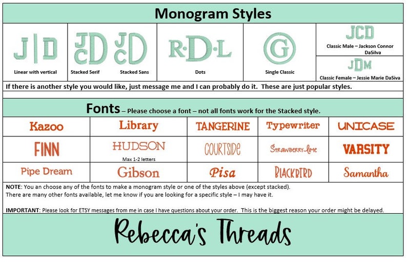May include: A chart with a light green background and white text lists different monogram styles and fonts. The styles include linear with vertical, stacked serif, stacked sans, dots, single classic, classic male, and classic female. The fonts include Kazoo, Finn, Pipe Dream, Library, Hudson, Gibson, Tangerine, Courtside, Typewriter, Strawberry Love, Unicase, Varsity, Pisa, Blackbird, and Samantha.