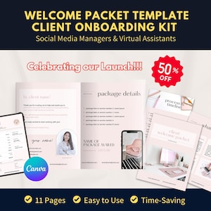 Op de afbeelding: Een welkomstpakket sjabloon voor client onboarding, ontworpen voor social media managers en virtuele assistenten. De afbeelding toont een tablet met een factuur, een brochure en een smartphone, allemaal in een zachtroze kleurenschema. De tekst luidt "Celebrating our Launch!!!" en "50% OFF".
