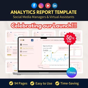Può includere: Modello di report di analisi per social media manager e assistenti virtuali. L'immagine mostra un laptop con un report di analisi di Facebook, con una promozione del 50% di sconto. Facile da usare e fa risparmiare tempo.