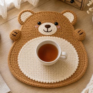 Può includere: Un sottobicchiere all'uncinetto a forma di orso, color marrone e crema, con una pancia rotonda centrale, due piccole orecchie e due braccia. L'orso ha occhi neri, naso marrone e bocca cucita. Una tazza in ceramica bianca con tè è appoggiata sopra.