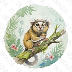 May include: Watercolor illustration of a small primate with large eyes, holding a piece of fruit while perched on a mossy branch. The background features watercolor foliage and flowers, set within a soft green circle.
