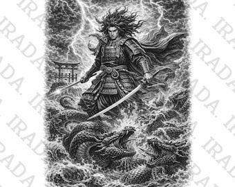 Susanoo PNG, Storm God Art, Japanese Mythology Illustration, Samurai vs Dragon Art, Detailed Stippling Horror, Premium Digital Download