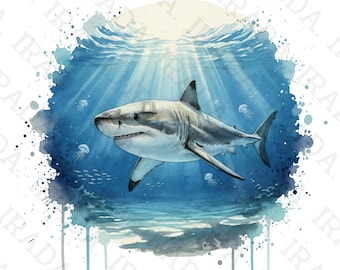 Watercolor Great White Shark Clipart, Ocean Predator Png for Sublimation, Shark Art, Digital Download PNG JPG PDF