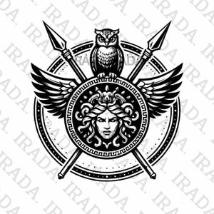 May include: A black and white graphic design featuring an owl perched above a shield with a Medusa face, wings, and crossed spears. The design is circular with a decorative border and is suitable for various applications.