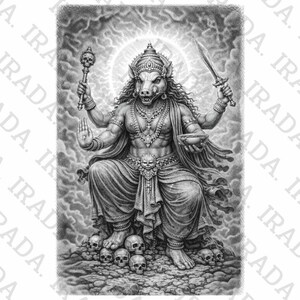 May include: Detailed black and white illustration of a deity with a boar's head, multiple arms, and ornate jewelry. The figure is seated on a pile of skulls, holding a sword, a skull-topped scepter, and a bowl. A halo surrounds the head.