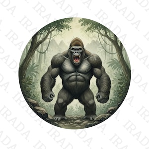 Könnte beinhalten: Digitale Illustration eines Gorillas in einer Dschungelkulisse. Der Gorilla ist grau und hat ein geöffnetes Maul, das seine Zähne zeigt. Der Hintergrund zeigt Bäume, Blätter und eine Bergkette, alles in einem kreisförmigen Rahmen.