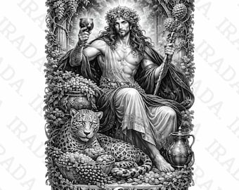 Dionysus God of Wine PNG, Greek Deity Revelry Illustration, Mythical Bacchus Art, Dark Fantasy Grape Harvest Print, Premium Digital Poster